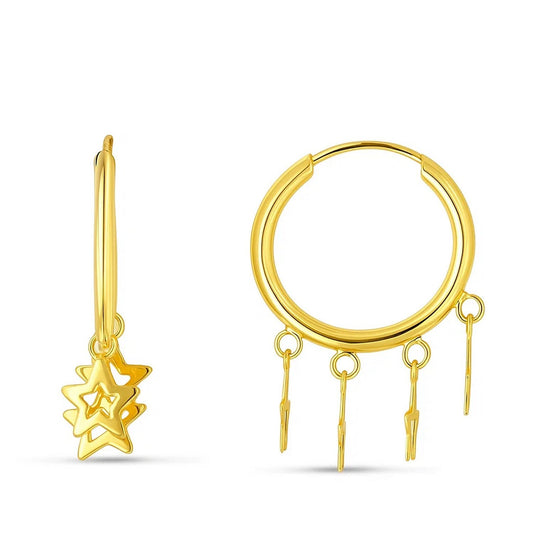 14K Yellow Gold Endless Star Charm Huggie Hoop Earrings