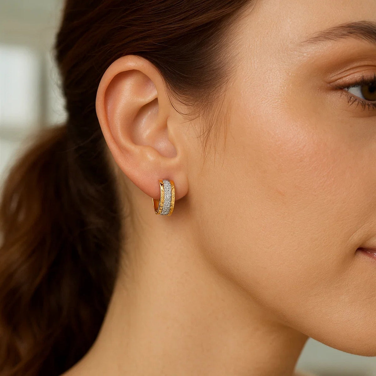 14K Two Tone Gold Center Huggie Earrings