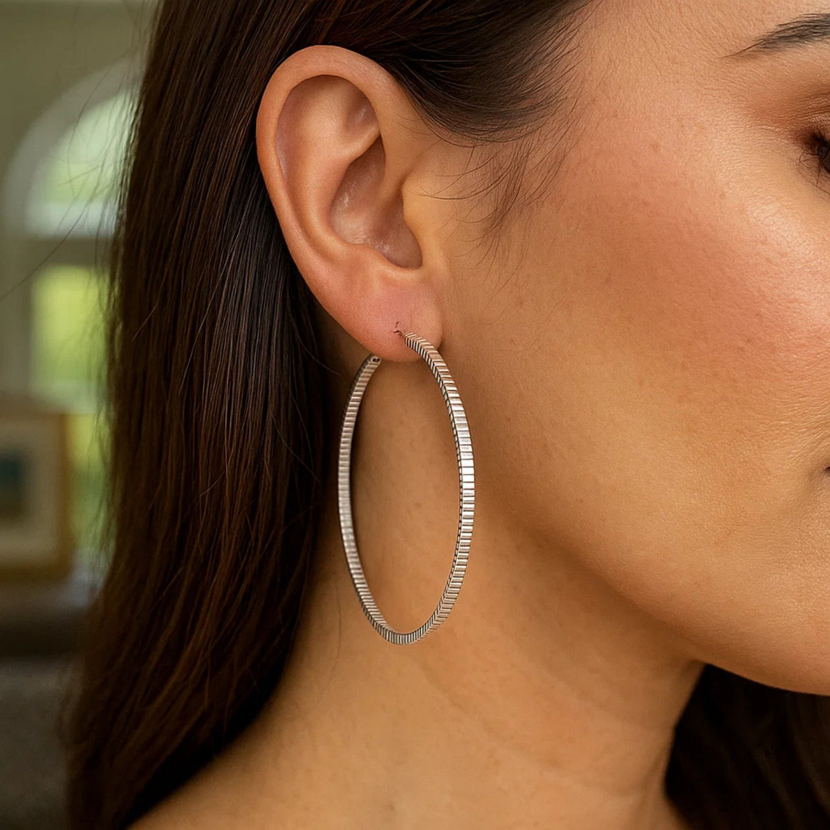 Ridge Textured Hoop Earrings in Sterling Silver(2x50mm)