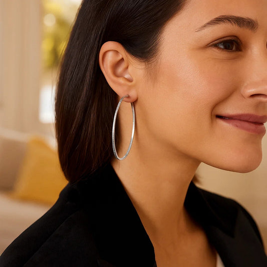 Ridge Textured Hoop Earrings in Sterling Silver(2x50mm)