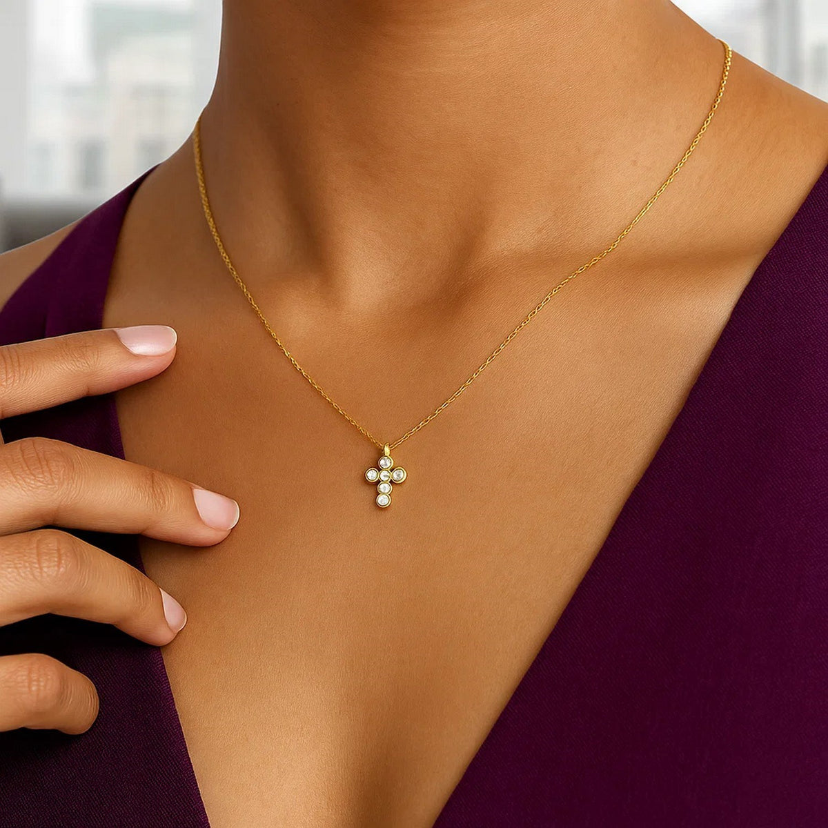 14K Yellow Gold Petite Diamond Cross Necklace