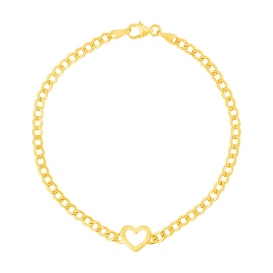 14k Yellow Gold 7 inch Curb Chain Bracelet with Heart (3.40 mm)
