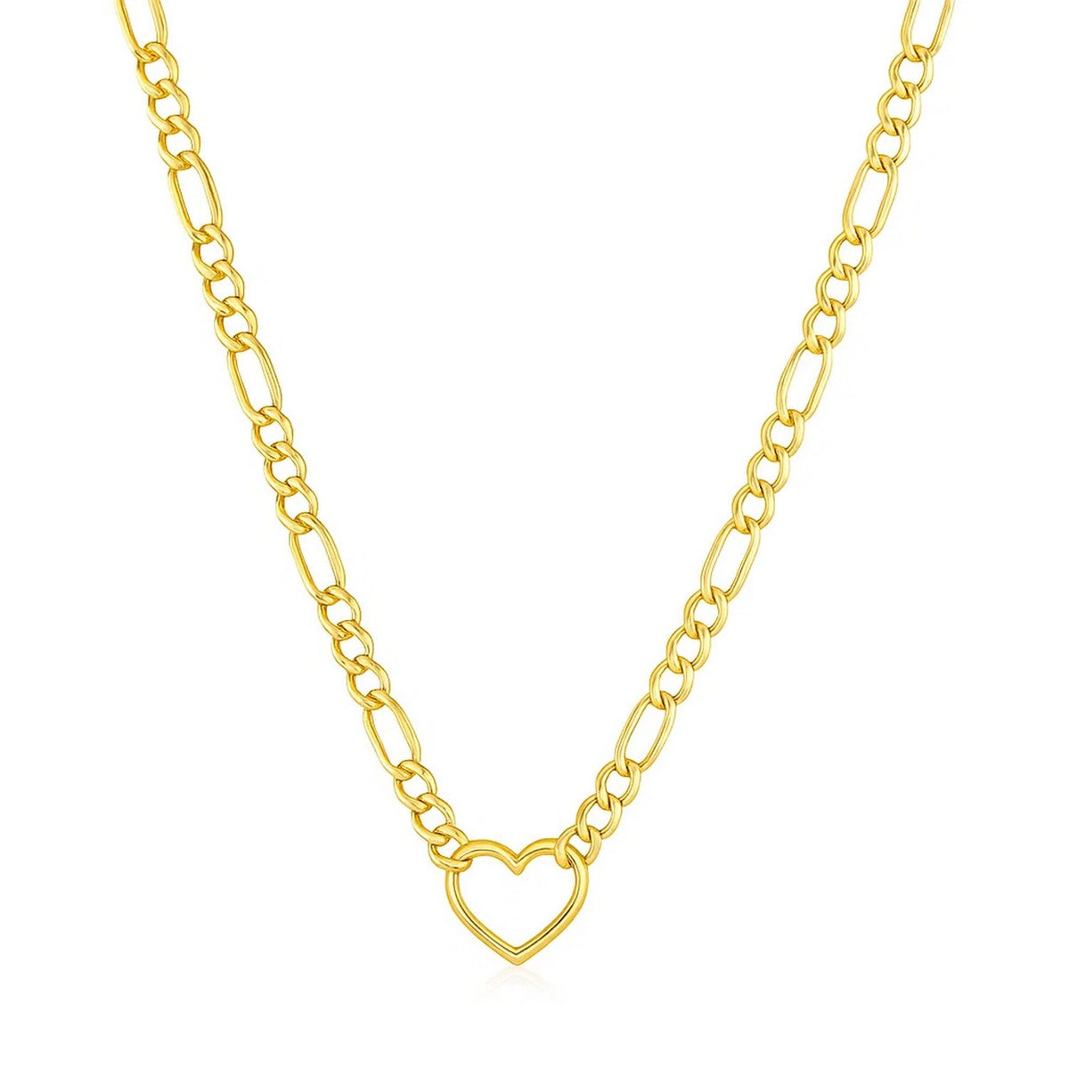 14k Yellow Gold Figaro Chain Necklace with Heart