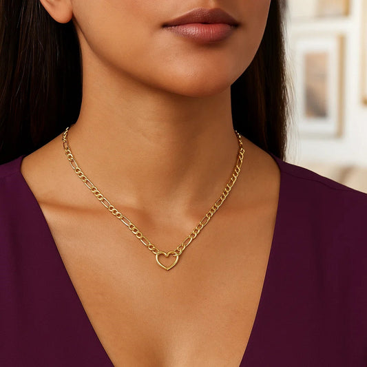 14k Yellow Gold Figaro Chain Necklace with Heart