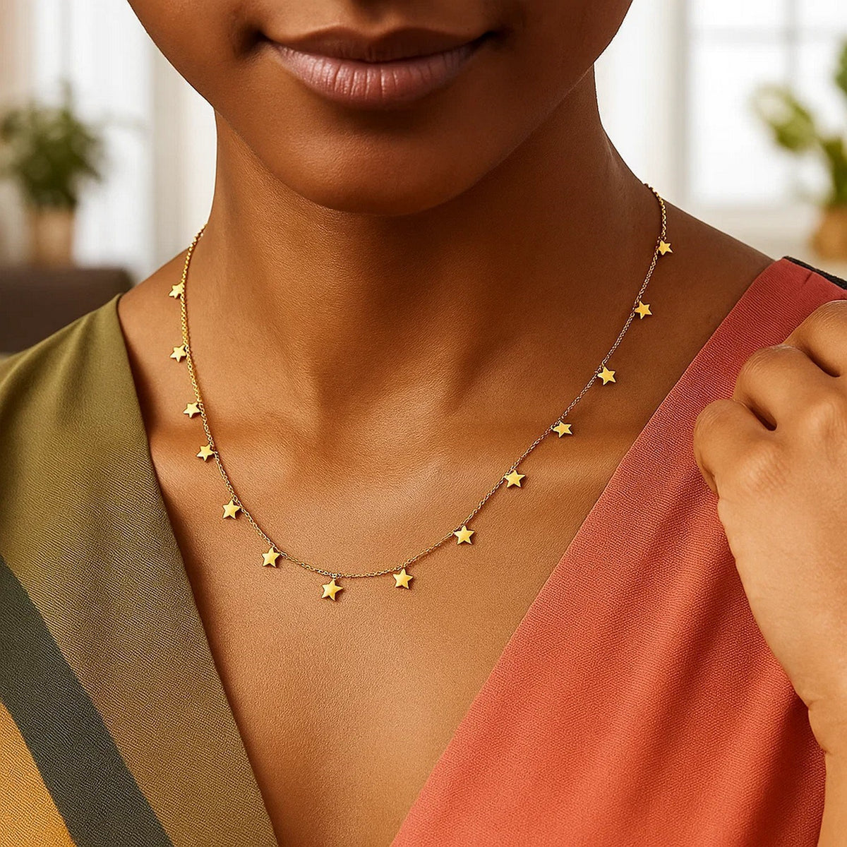 14K Yellow Gold Necklace with Dangling Stars