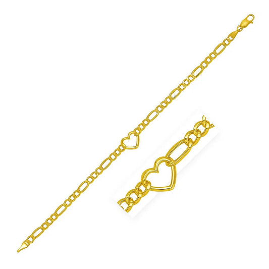 Figaro Chain Heart Bracelet in 10K Yellow Gold (4.50 mm)