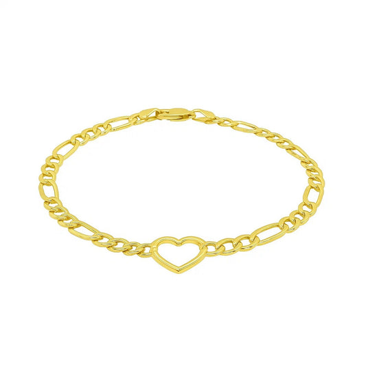 Figaro Chain Heart Bracelet in 10K Yellow Gold (4.50 mm)