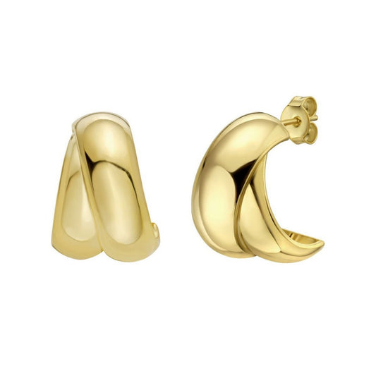 Sterling Silver Yellow Gold Plated Puffed Double Row Crossover C Hoop Earrings