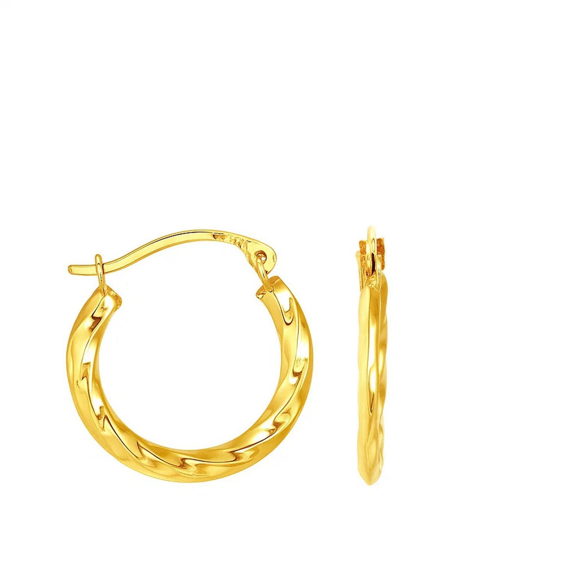 10k Yellow Gold Hoop Earrings in Textured Polished Style