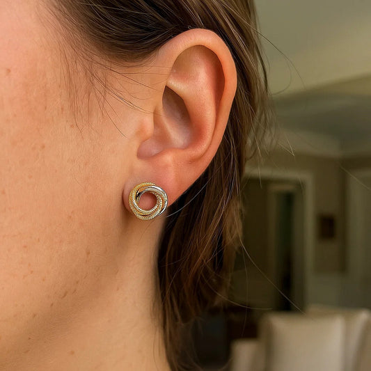 14k Two-Tone Gold Multi-Textured Open Circle Style Entwined Earrings