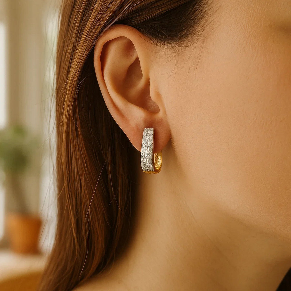 14k Two-Tone Gold Oval Diamond Cut Textured Earrings