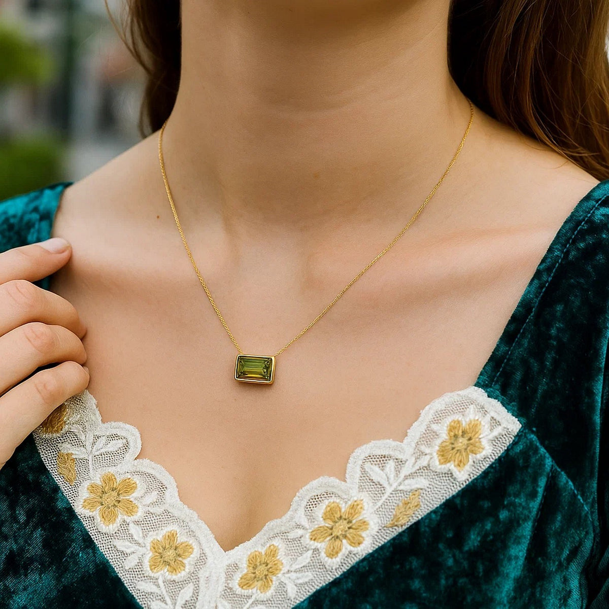14K Yellow Gold Emerald Cut Peridot Necklace