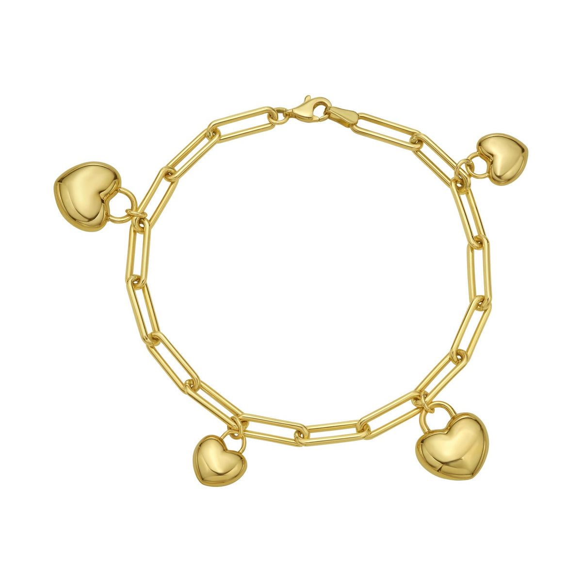 14K Yellow Gold Puffed Heart Charm Bracelet