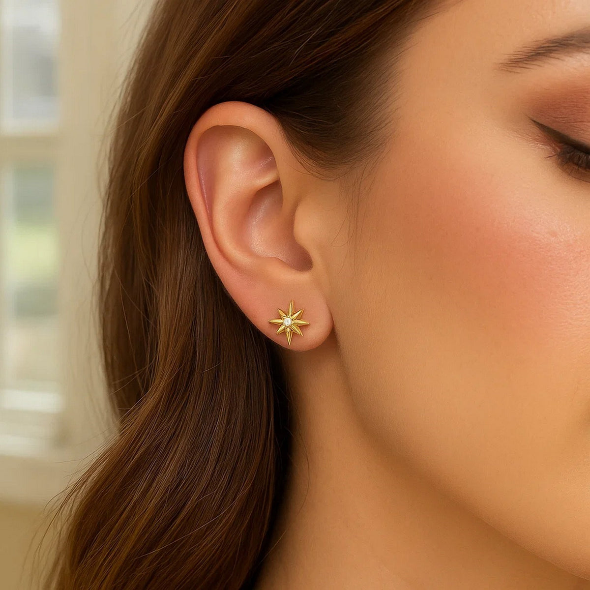 14K Yellow Gold High Polish North Star Diamond Earrings