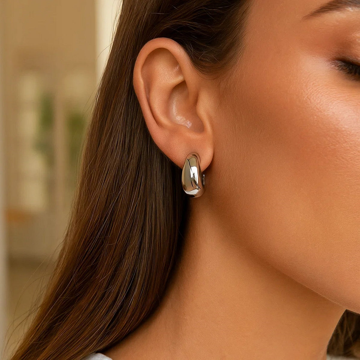 Sterling Silver Twisted Puff C Hoop Earrings