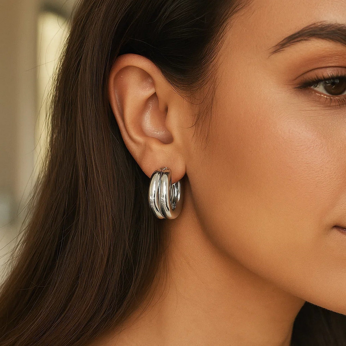 Sterling Silver Puffed Double Row Hoop Earrings