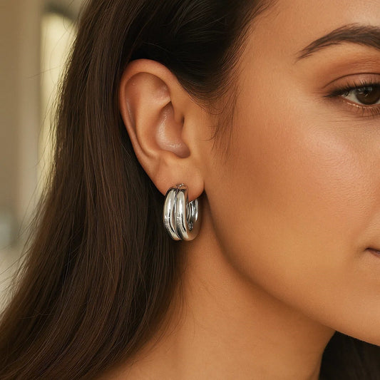 Sterling Silver Puffed Double Row Hoop Earrings