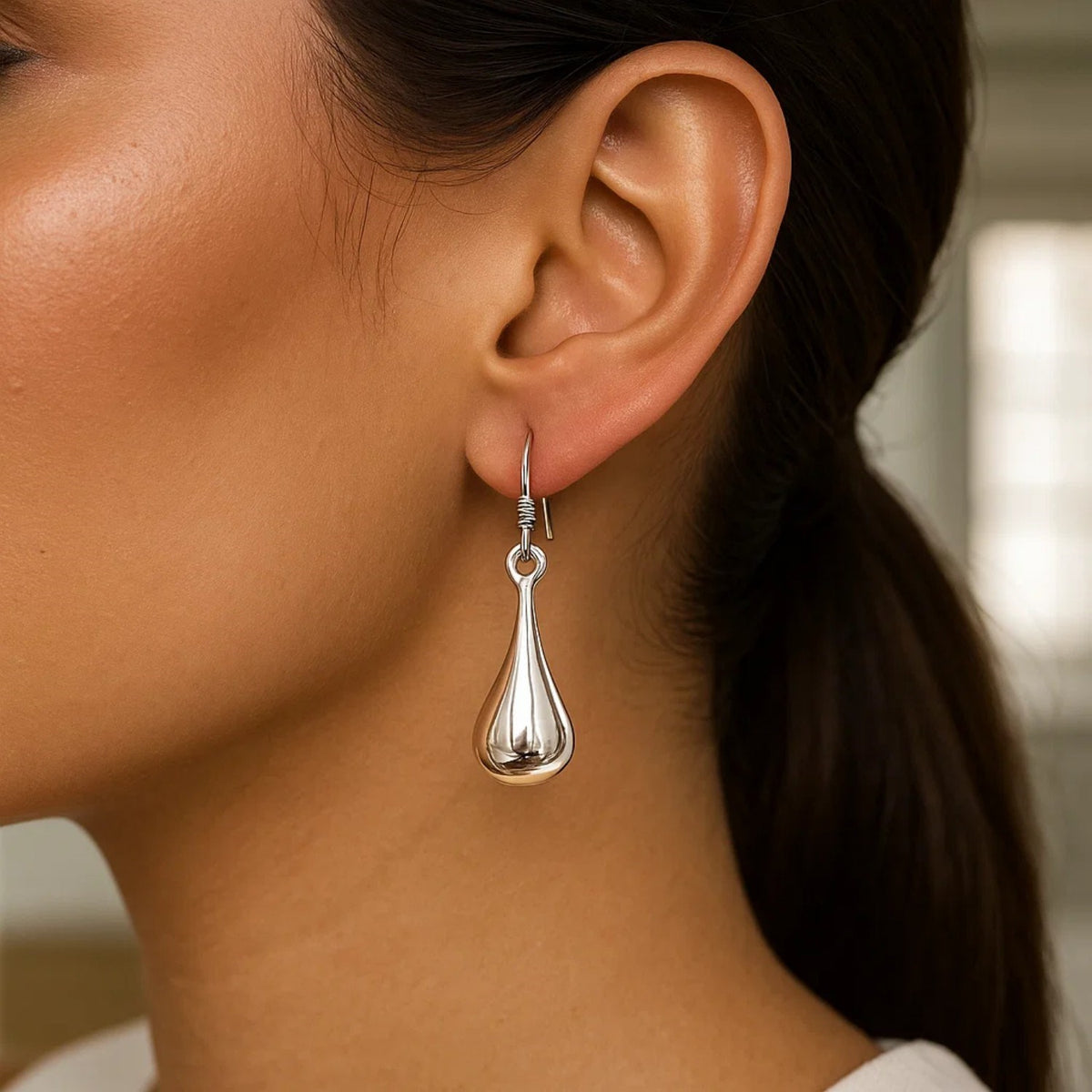 Sterling Silver Long Teardrop Shape Puff Drop Earrings