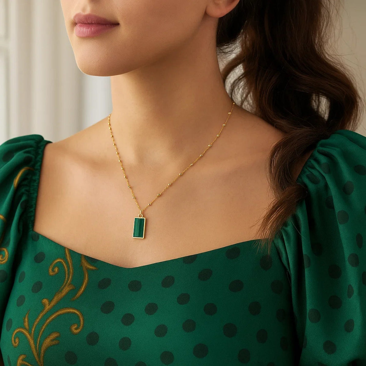 Malachite Geometric Rectangle Necklace in 14K Yellow Gold