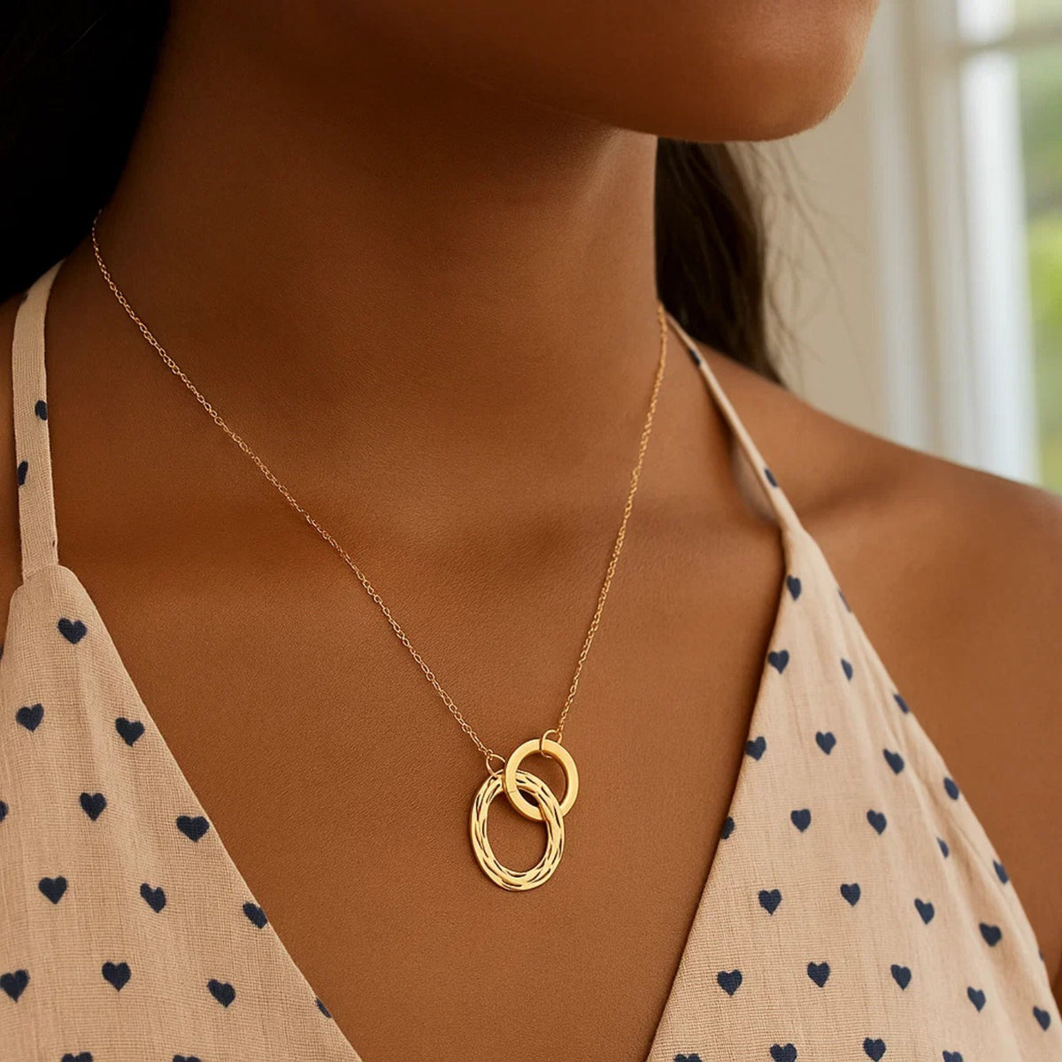 14k Yellow Gold High Polish Linked Double Circle Cutout Necklace