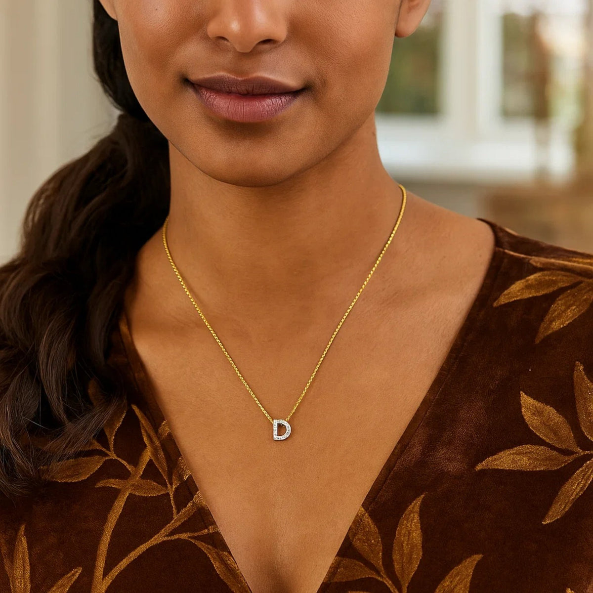 14K Yellow Gold Mini Diamond D Initial Pendant Necklace