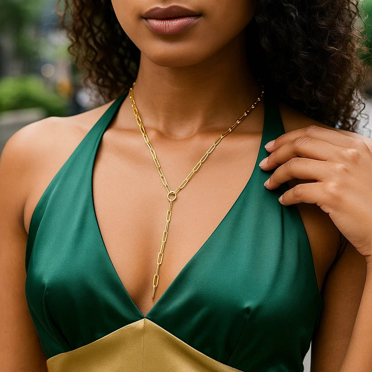 14k Yellow Gold Paperclip Chain Lariat Necklace