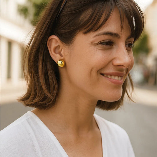 Sterling Silver Yellow Gold Plated Puffed Button Omega Earrings