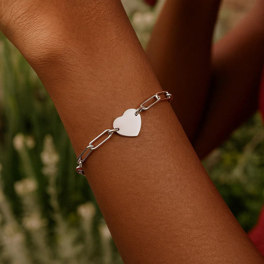Sterling Silver Rhodium Plated Engravable Heart Paperclip Bracelet (2.10 mm)