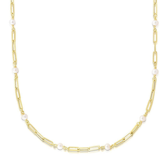 14k Yellow Gold Paperclip Chain and Pearl Necklace