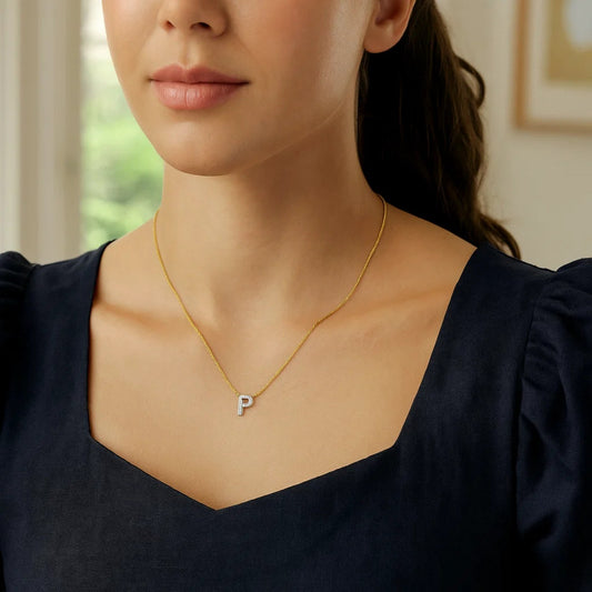 14K Yellow Gold Mini Diamond P Initial Pendant Necklace