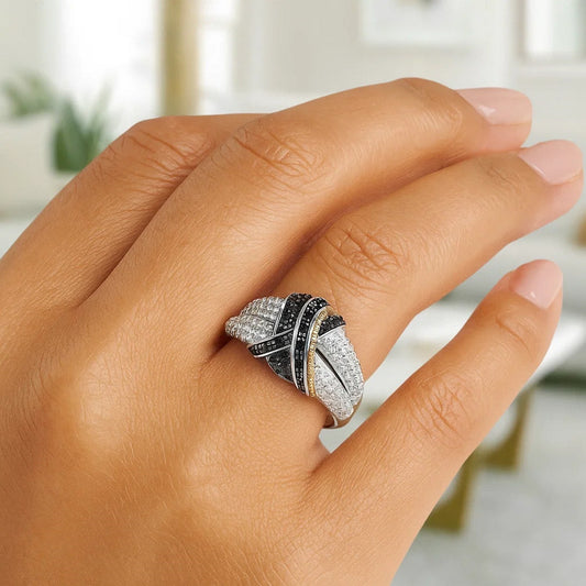 18k Yellow Gold & Sterling Silver Entwined Popcorn Ring with Black Diamonds