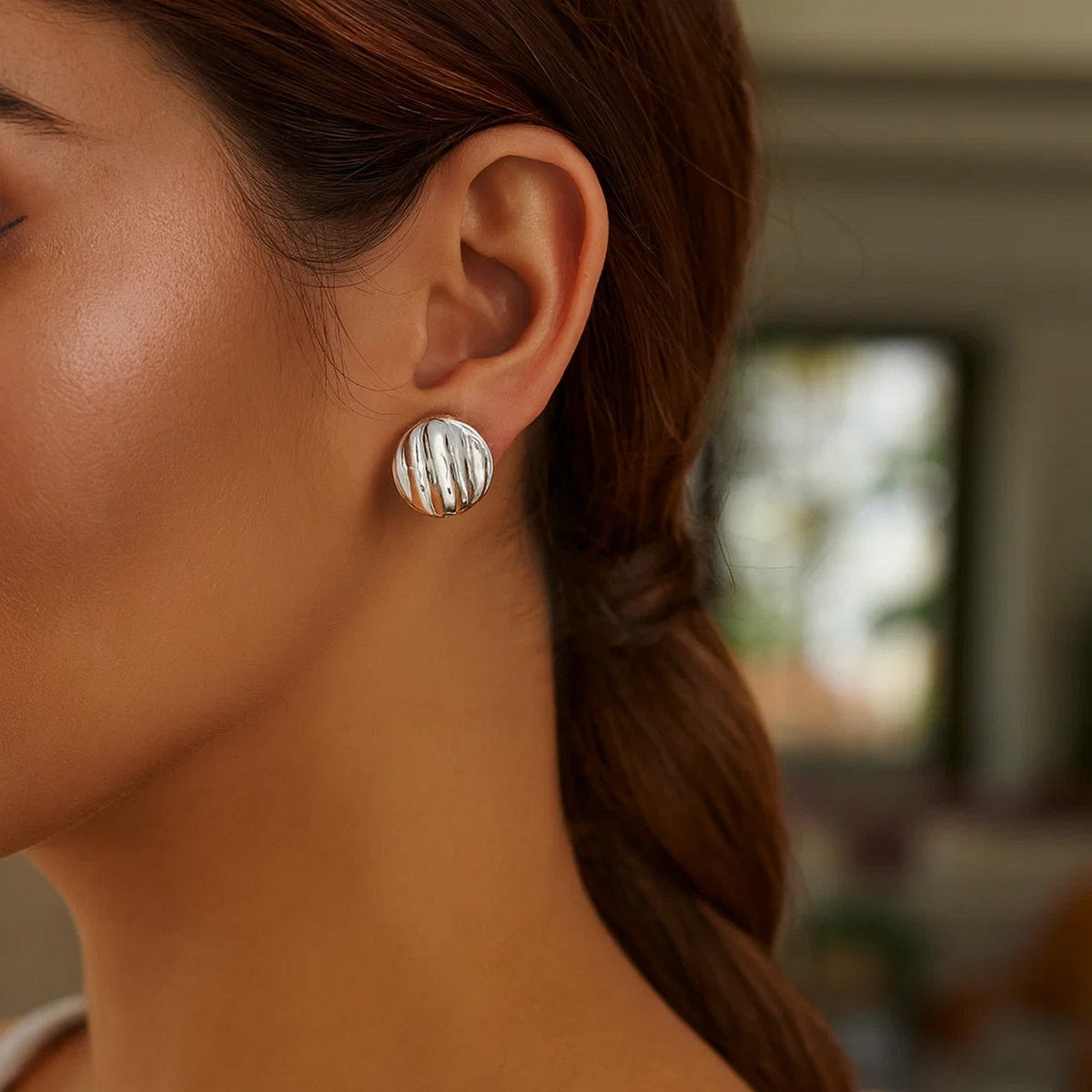 Sterling Silver Sculpted Domed Disc Stud Earrings