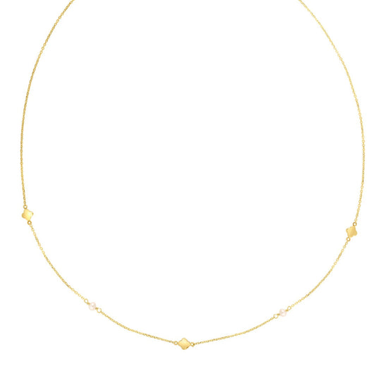 14k Yellow Gold Pearl Clover Necklace