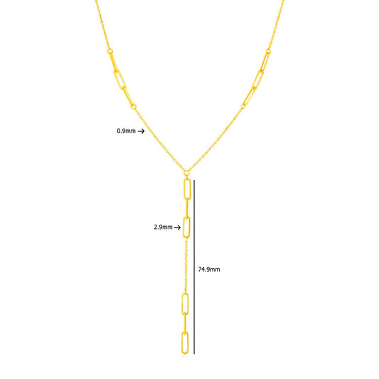 14K Yellow Gold Lariat Necklace with Paperclip Chain Stations