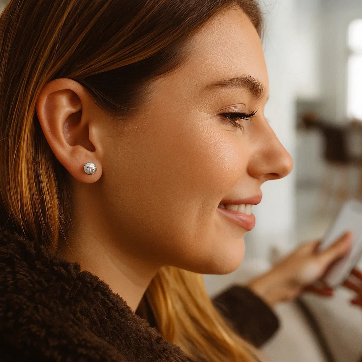14K White Gold Ball Earrings with Linear Texture(5mm)