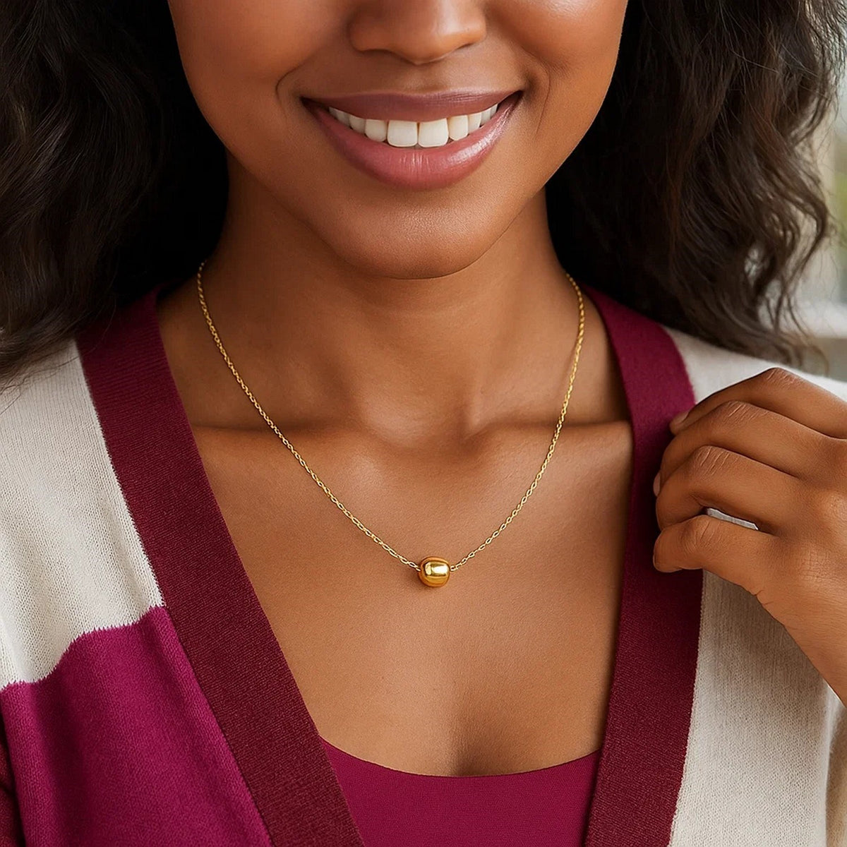 14k Yellow Gold Necklace with Shiny Barrel Bead Charm