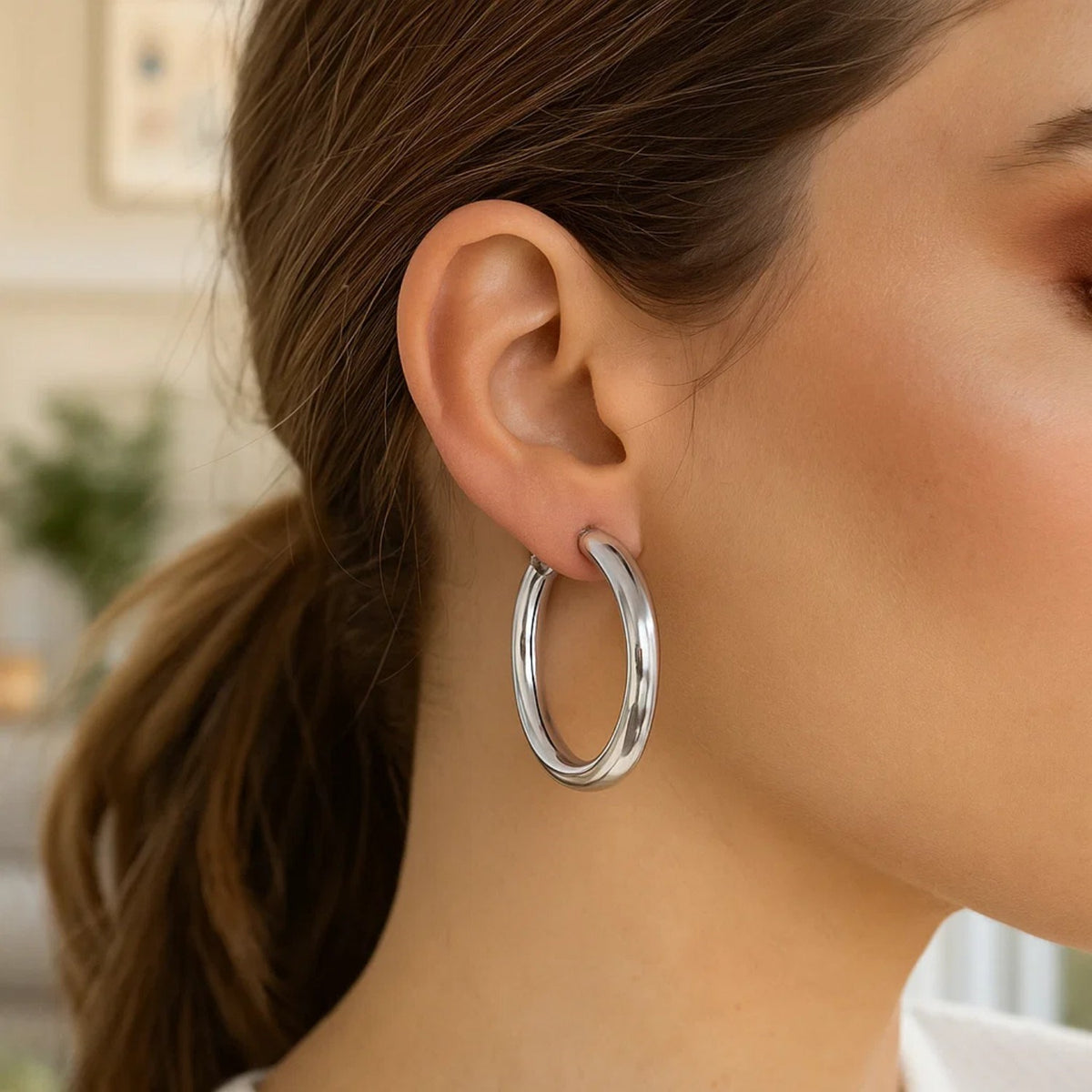 Sterling Silver Thick Rhodium Plated Polished Hoop Style Earrings (4x35mm)