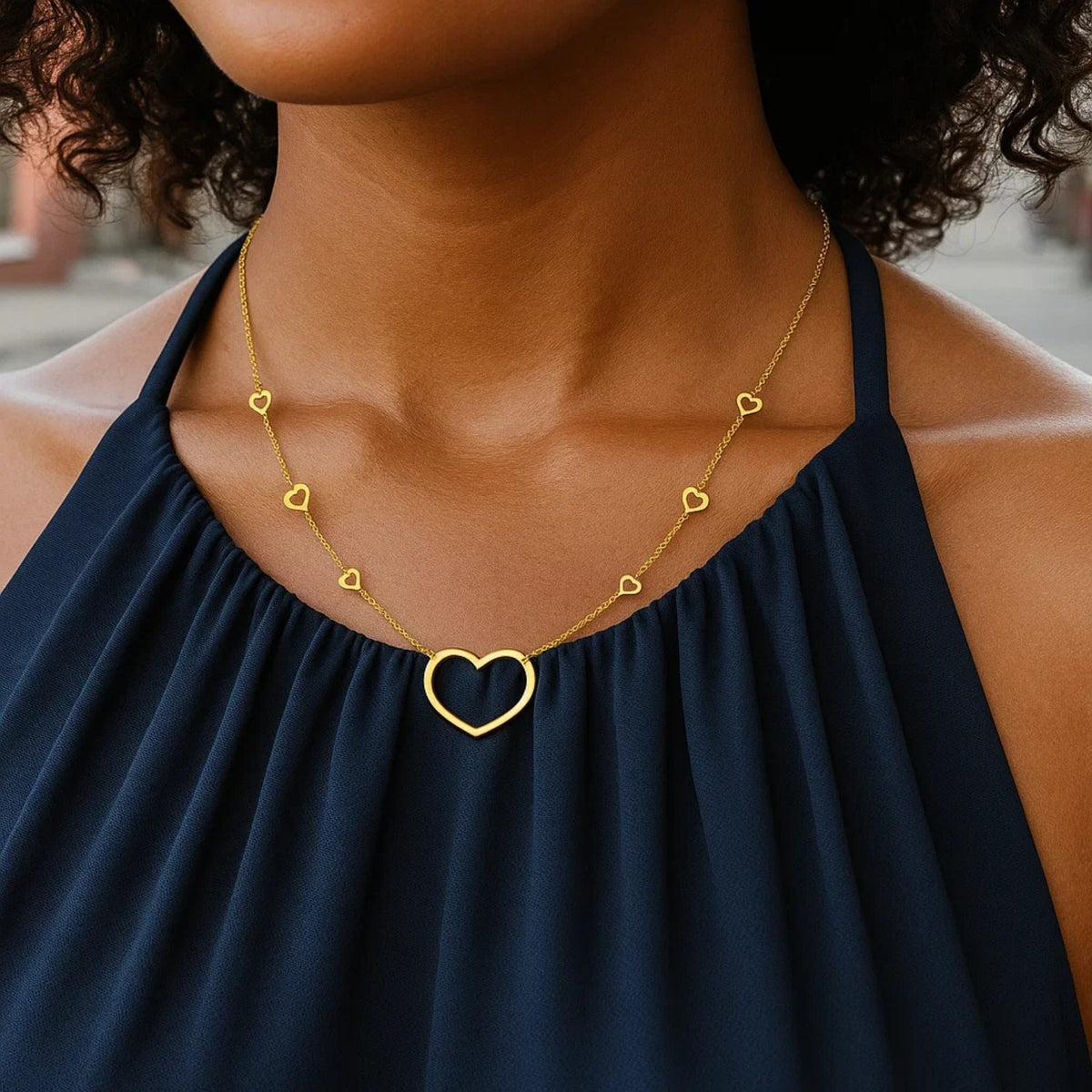 14K Yellow Gold Open Heart Station Necklace