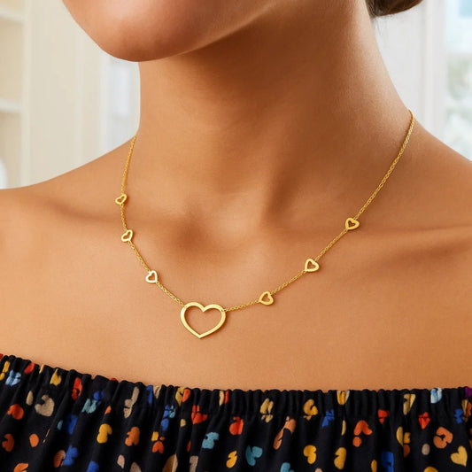 14K Yellow Gold Open Heart Station Necklace
