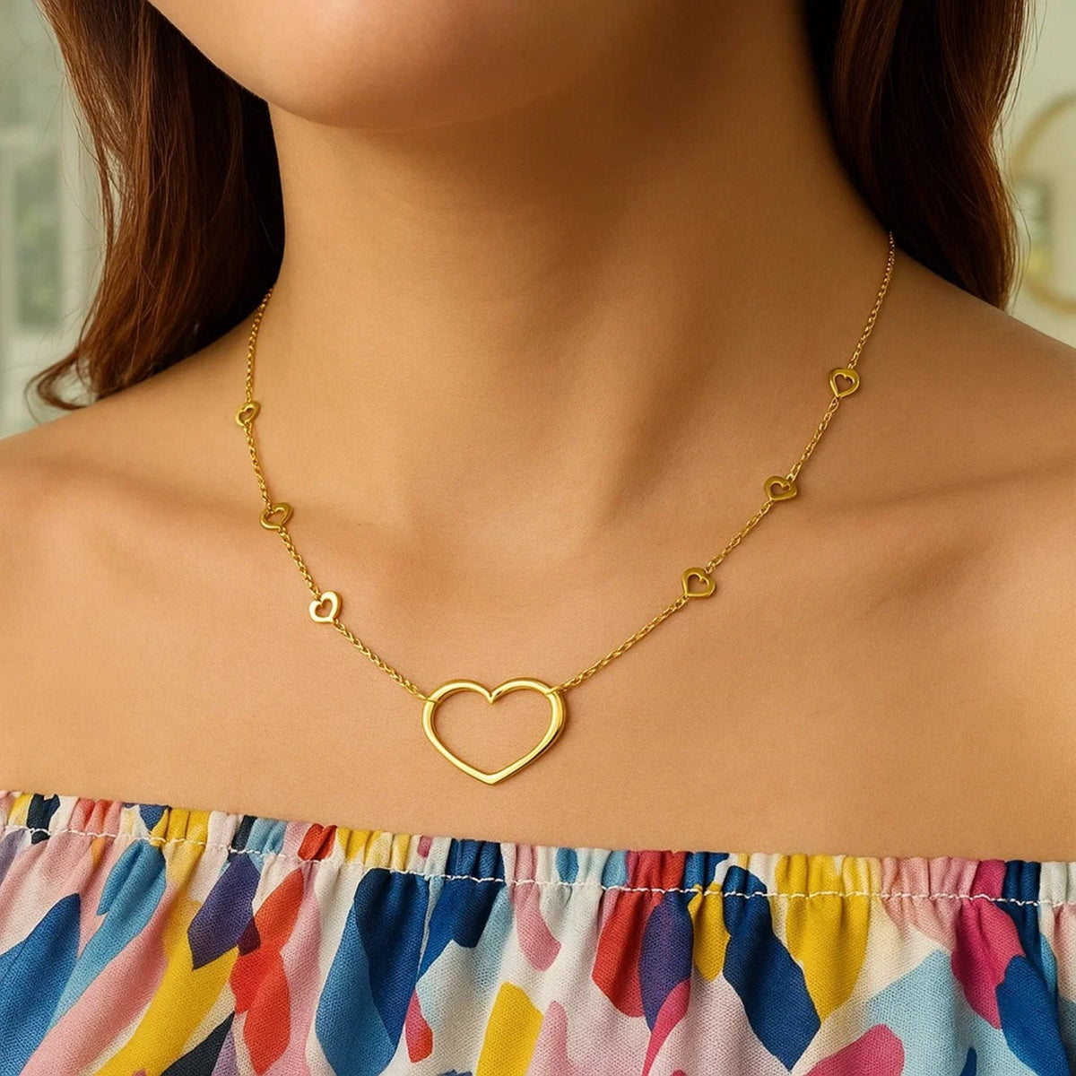 14K Yellow Gold Open Heart Station Necklace
