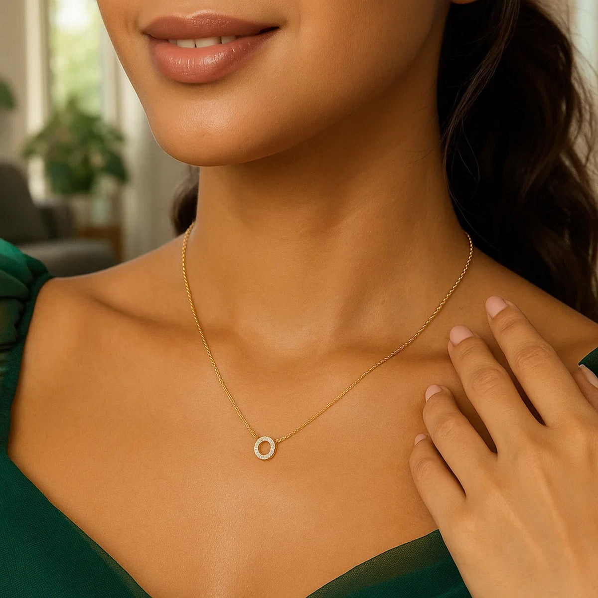 14K Yellow Gold Mini Diamond O Initial Pendant Necklace