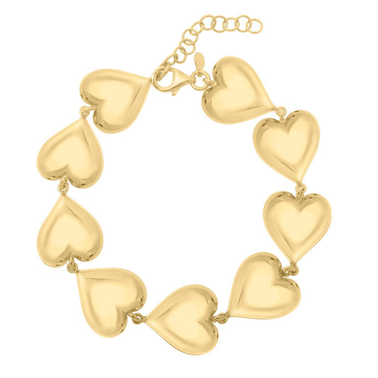 Sterling Silver Yellow Gold Plated Puffed Hearts Bracelet