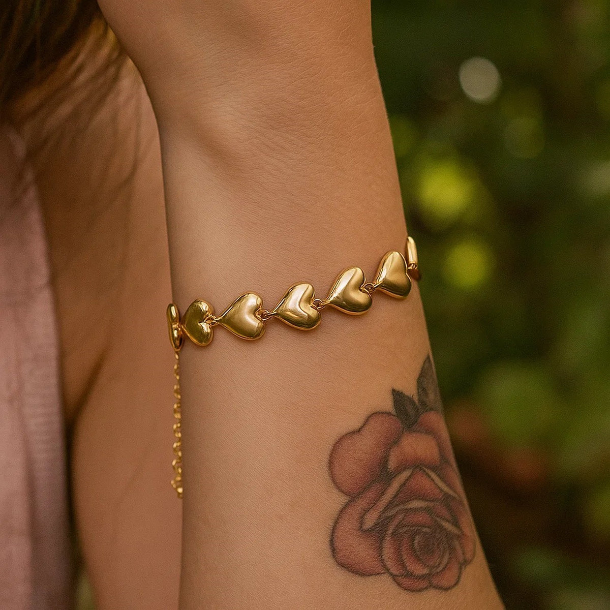 Sterling Silver Yellow Gold Plated Puffed Hearts Bracelet