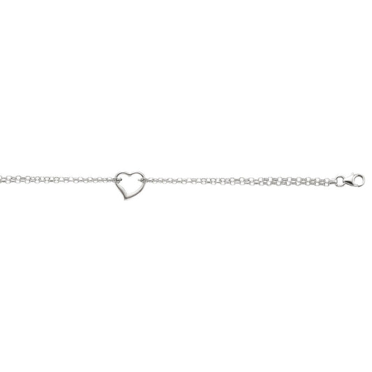 14k White Gold Cable Chain Anklet with Open Heart Station