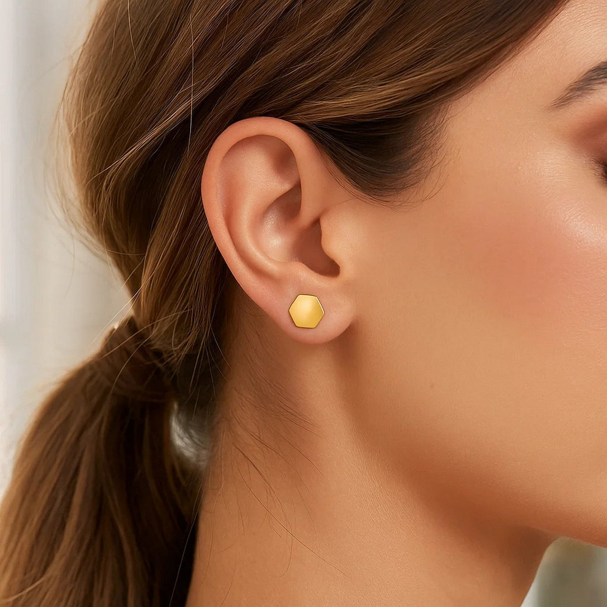 14k Yellow Gold Hexagon Stud Earrings