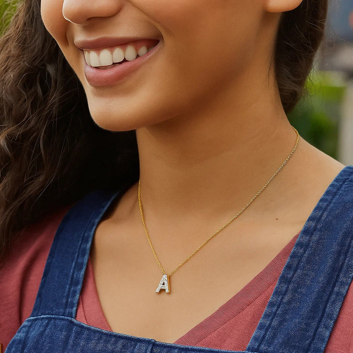 14K Yellow Gold Mini Diamond A Initial Pendant Necklace