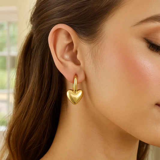 14K Yellow Gold Puffy Heart Dangle Huggie Hoops Earrings
