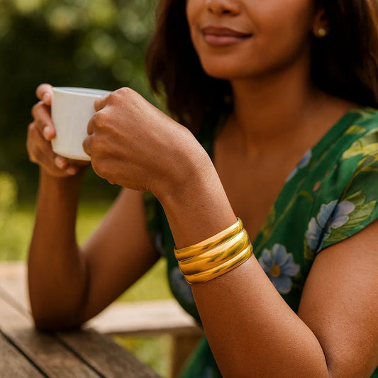 Sterling Silver Gold Plated Bold Ribbed Cuff Bangle (25.00 mm)