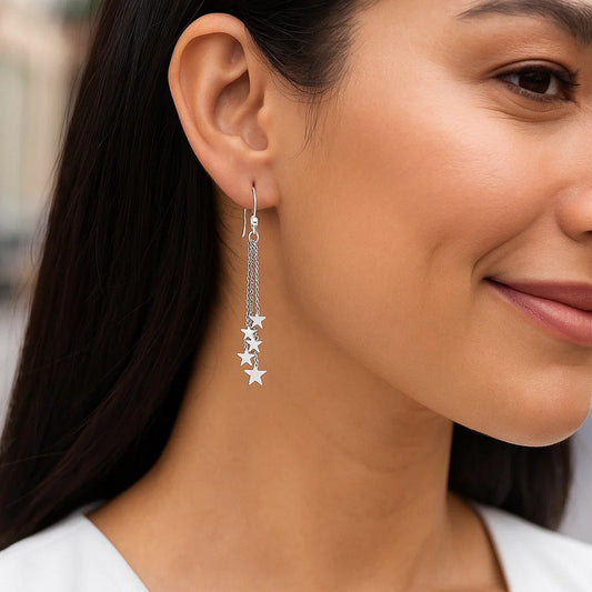 Sterling Silver Tassel Earrings with Polished Stars