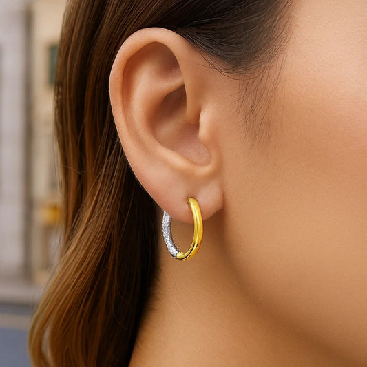 14k Two-Tone Gold Hoop Earrings with Textured Style(2.5x15mm)